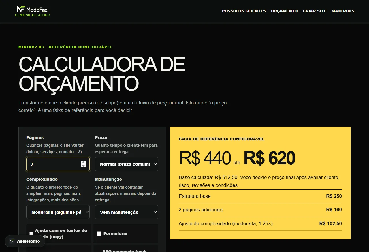 Tela real da área de orçamento do ModoFaz Sites