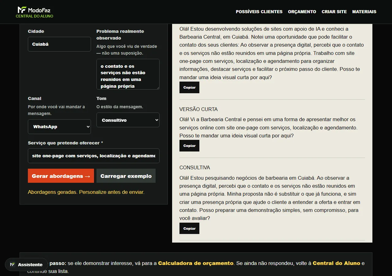 Tela real da área de prospecção do ModoFaz Sites